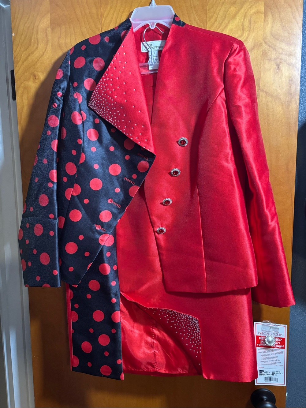 EY Boutique’s Red and Black Polka Dot Two-Piece Suit, size 12